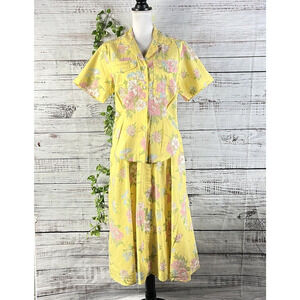 Vintage Chaus 2pc Blouse & Skirt Outfit Set sz 10 Yellow Pink Floral 80's Granny